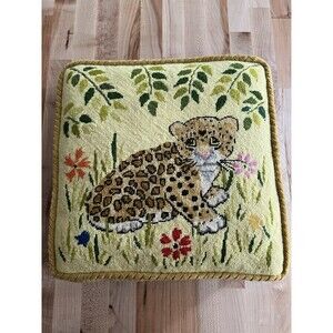 Vintage Needlepoint Pillow Ribbed Velvet Baby Cheetah Leopard Flowers 12 x 12